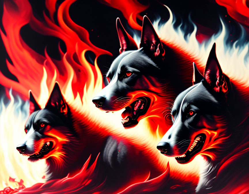 Three stylized black dogs with glowing red eyes in fiery flames