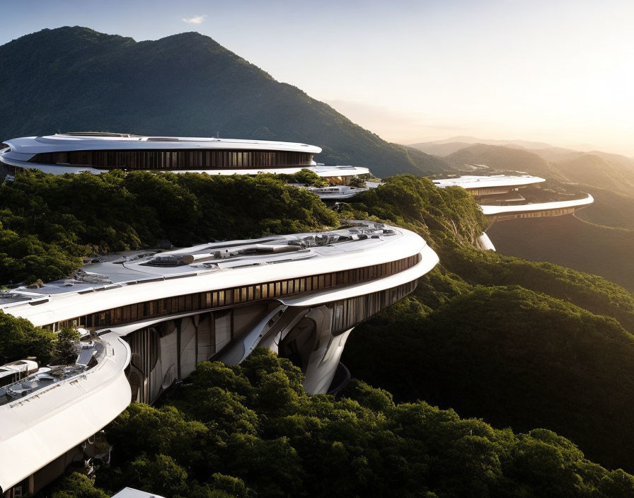 Curvilinear modern building in green hills at sunrise or sunset