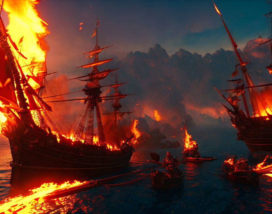 Nocturnal sea battle with galleons and fiery skies