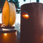 Jar, bottle of juice, and straw near outdoor speaker with sunlight through trees