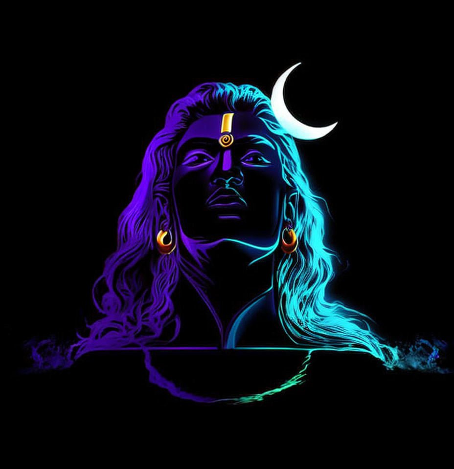 Vibrant neon illustration of person with long hair and crescent moon on forehead