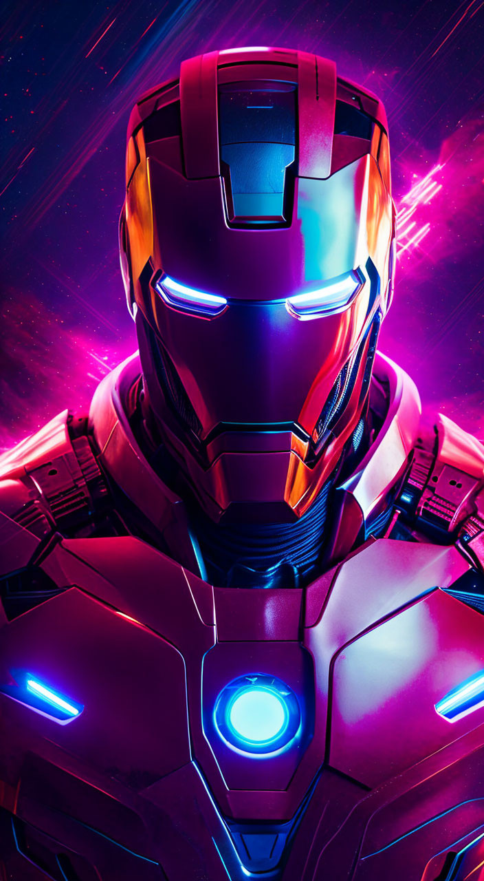 Iron Man's glowing helmet and chest reactor in cosmic setting