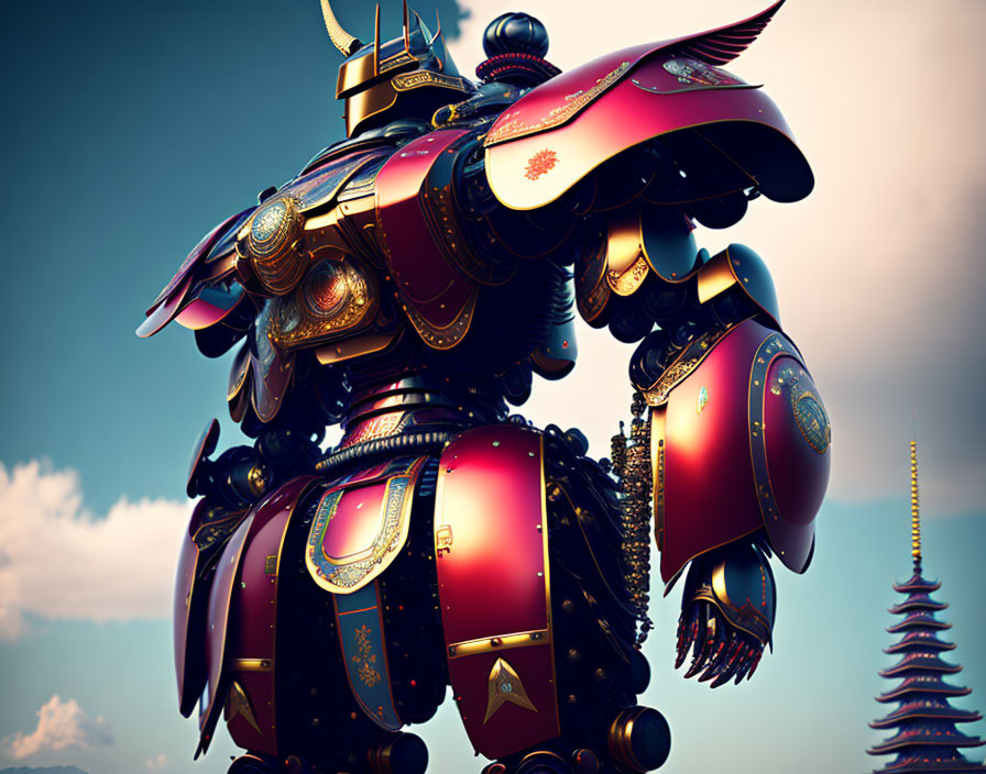 Stylized samurai armor digital artwork with pagoda backdrop