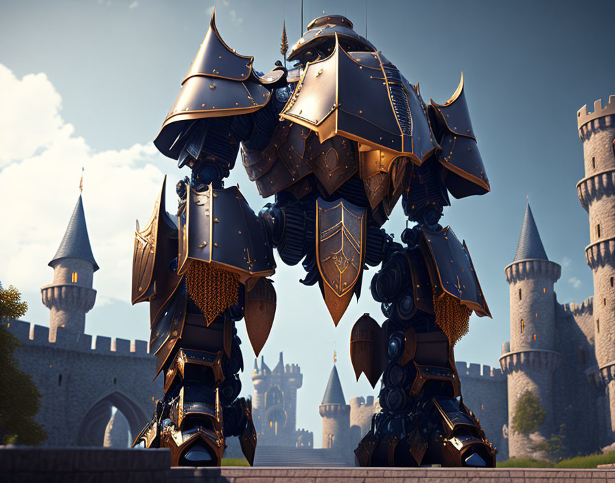 Colossal knight in ornate armor before a castle under clear sky