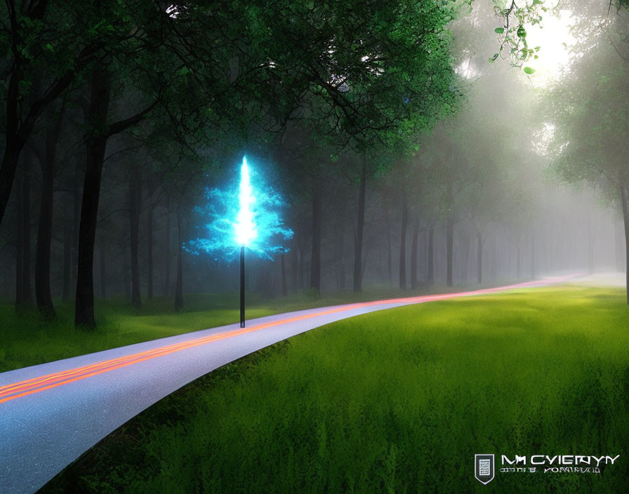 Glowing blue tree in mystical forest with neon path edges