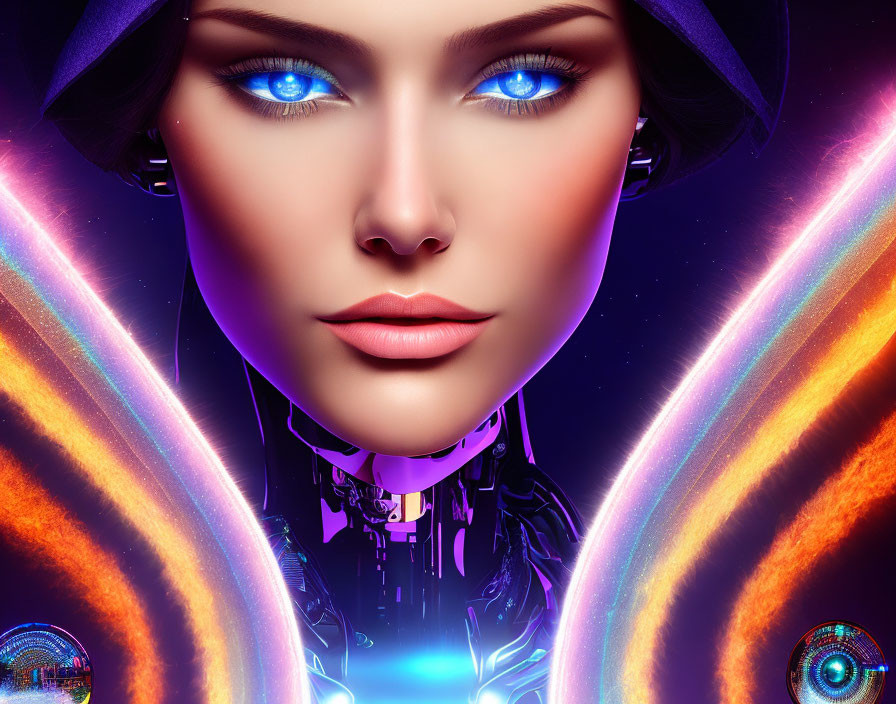 Female robot digital artwork with glowing blue eyes and headset surrounded by neon lines