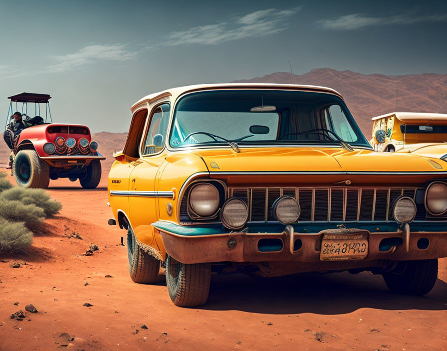 Vintage Cars in Desert Setting with Yellow and Red Vehicles