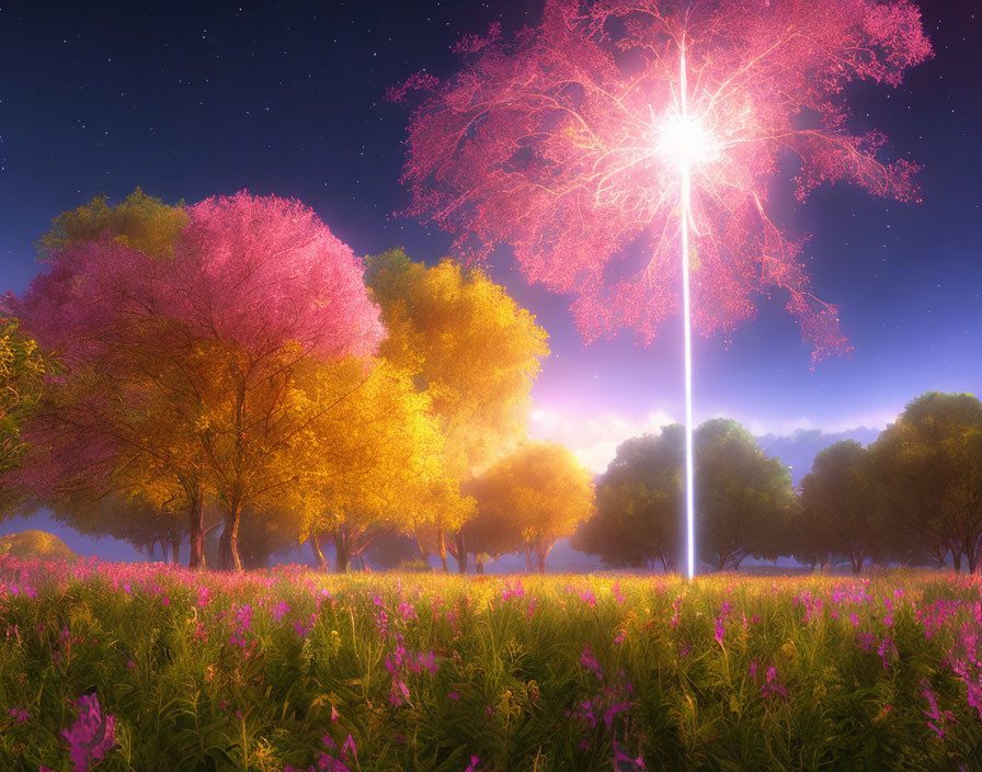 Vibrant pink and yellow trees in ethereal dusk landscape