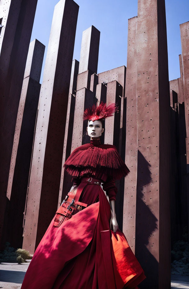 Avant-garde red outfit with feathery headpiece against rust-colored metal slats