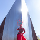 Avant-garde red outfit with headpiece at metal monument under blue sky