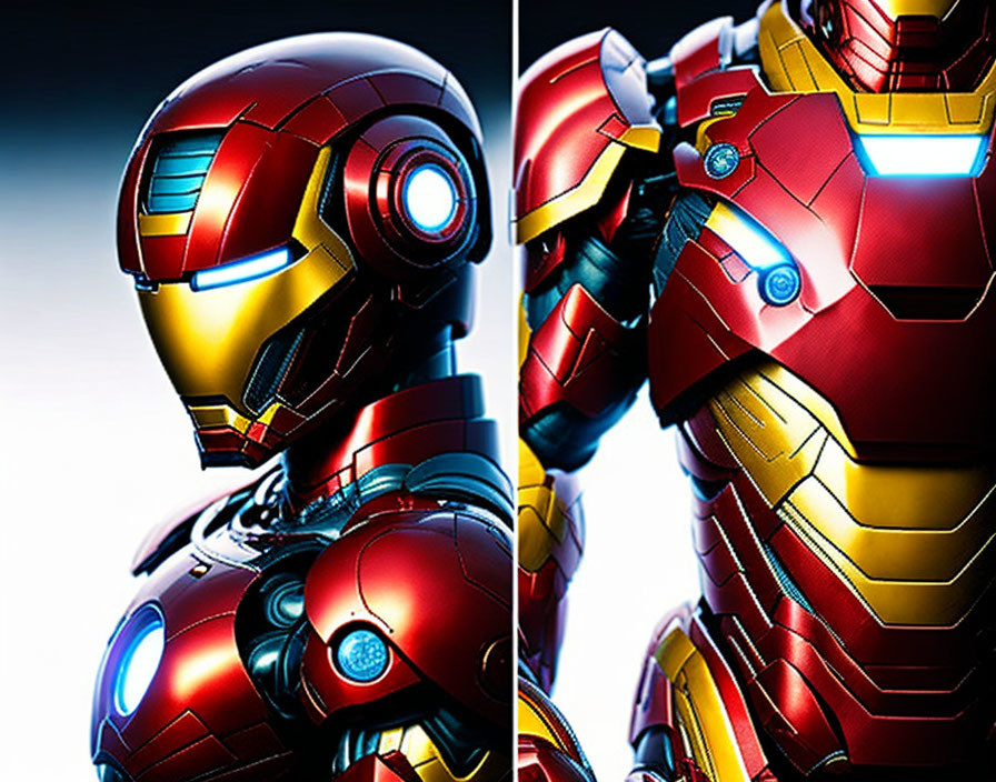 Detailed view of red and gold Iron Man suit with glowing arc reactor and eye slots