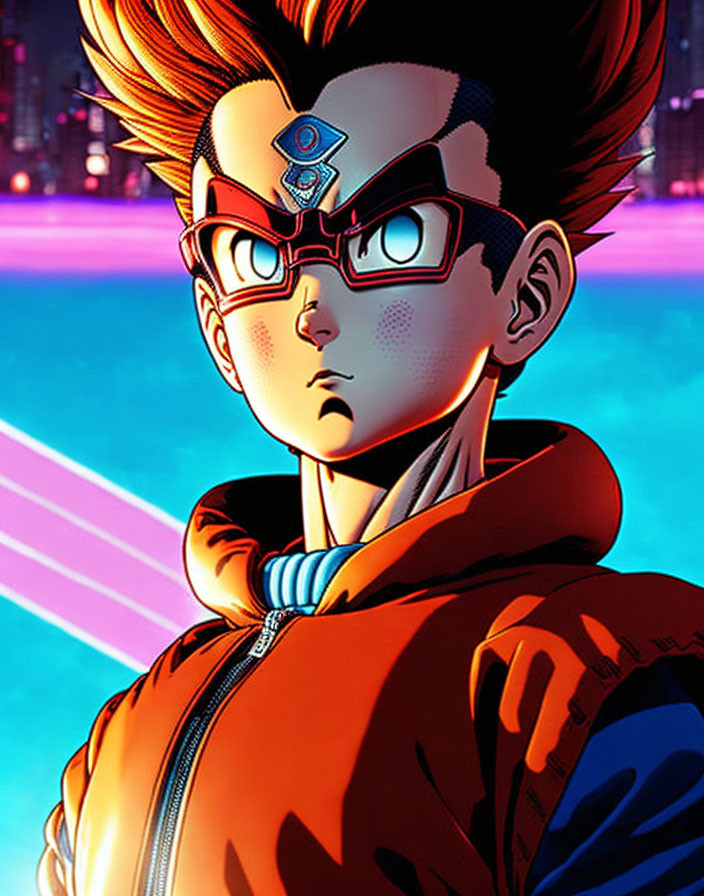 Spiky-haired animated character in glasses, visor, orange jacket, blue undershirt,