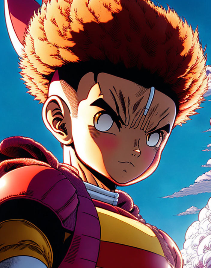 Spiky-haired anime character in red and yellow battle suit against blue sky