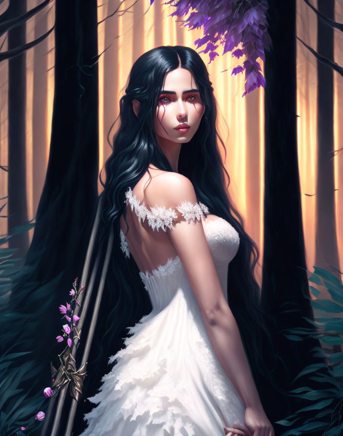 Woman in white dress with black hair in forest holding purple flowers