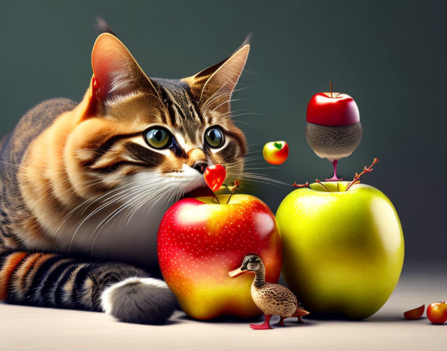 Tabby cat and quirky apples with cherry hat and tiny duck in whimsical scene