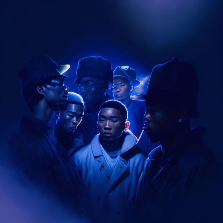 Young Men in Urban Streetwear Under Moody Blue Light