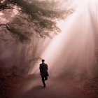 Businessman running through sunlit misty forest with dreamlike ambiance