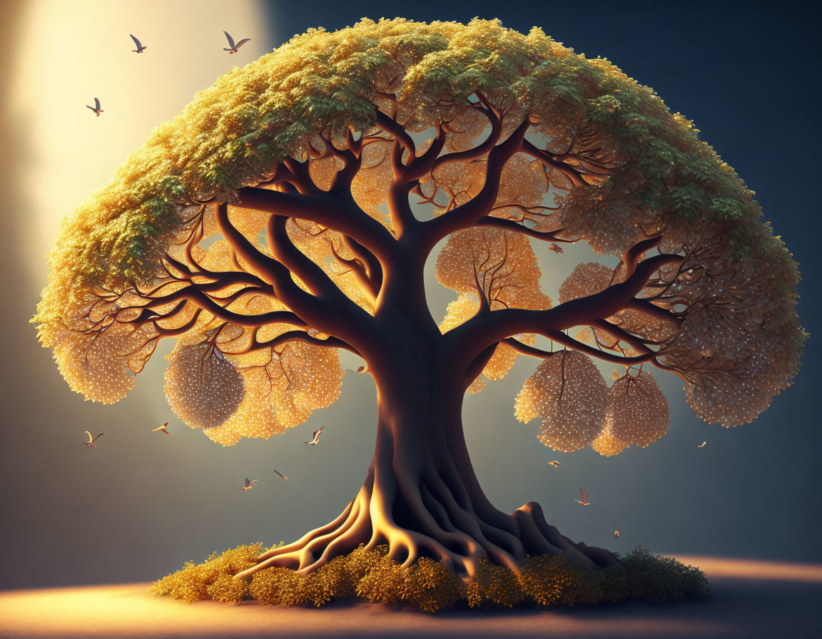 Illustration of Majestic Tree with Dense Canopy and Fruit in Warm Light