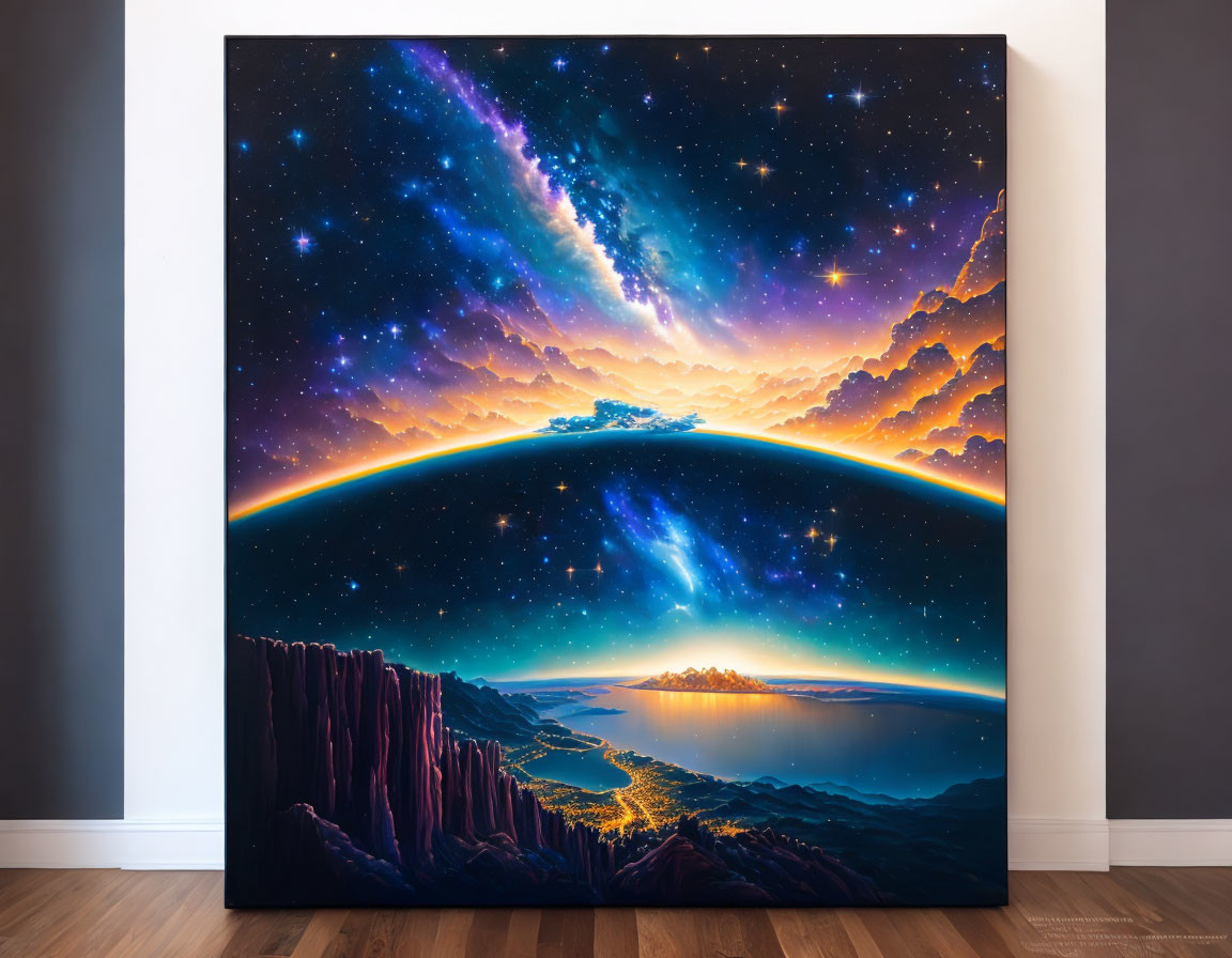 Colorful cosmic painting of starry sky and cityscape on canvas