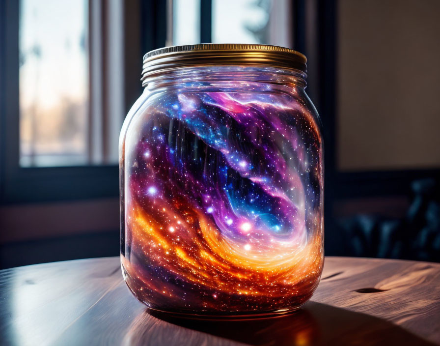 Vibrant Galaxy Depiction in Glass Jar on Wooden Table