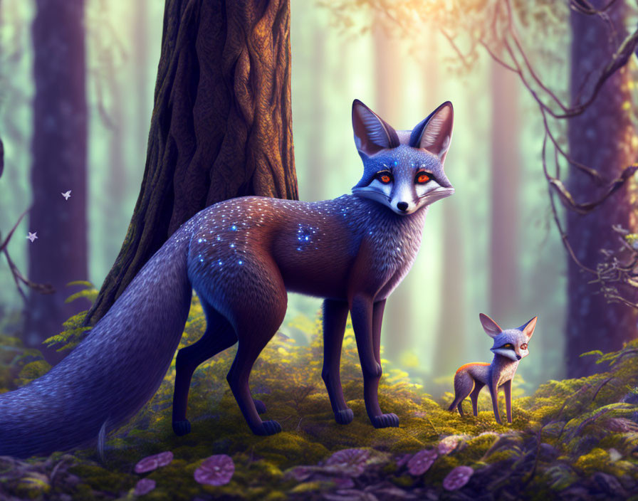 Stylized digital artwork: Sparkling foxes in enchanted forest