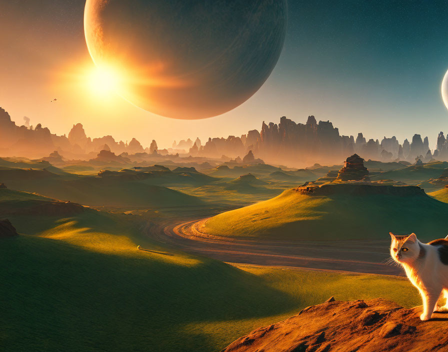 Cat on desert dune with road and giant planet in surreal landscape