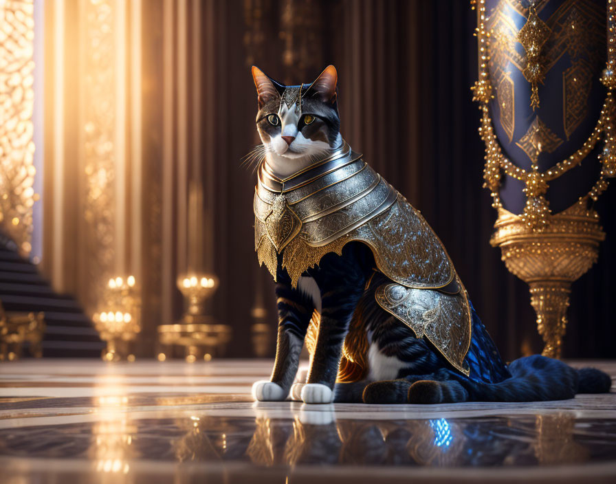 Medieval armor-clad cat in luxurious hall with golden lighting