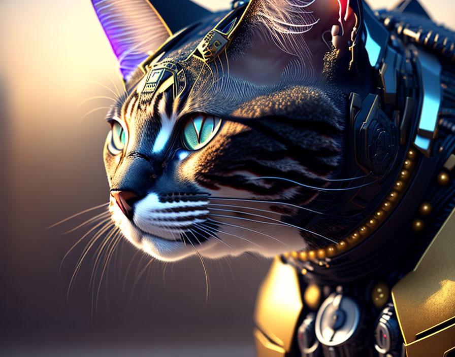 Detailed digital artwork: Robotic cat with intricate mechanical parts merging seamlessly with feline features.