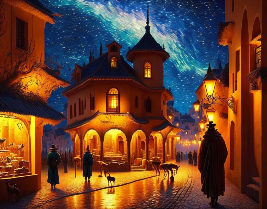 Charming European-style village night scene with cobblestone streets and starry sky