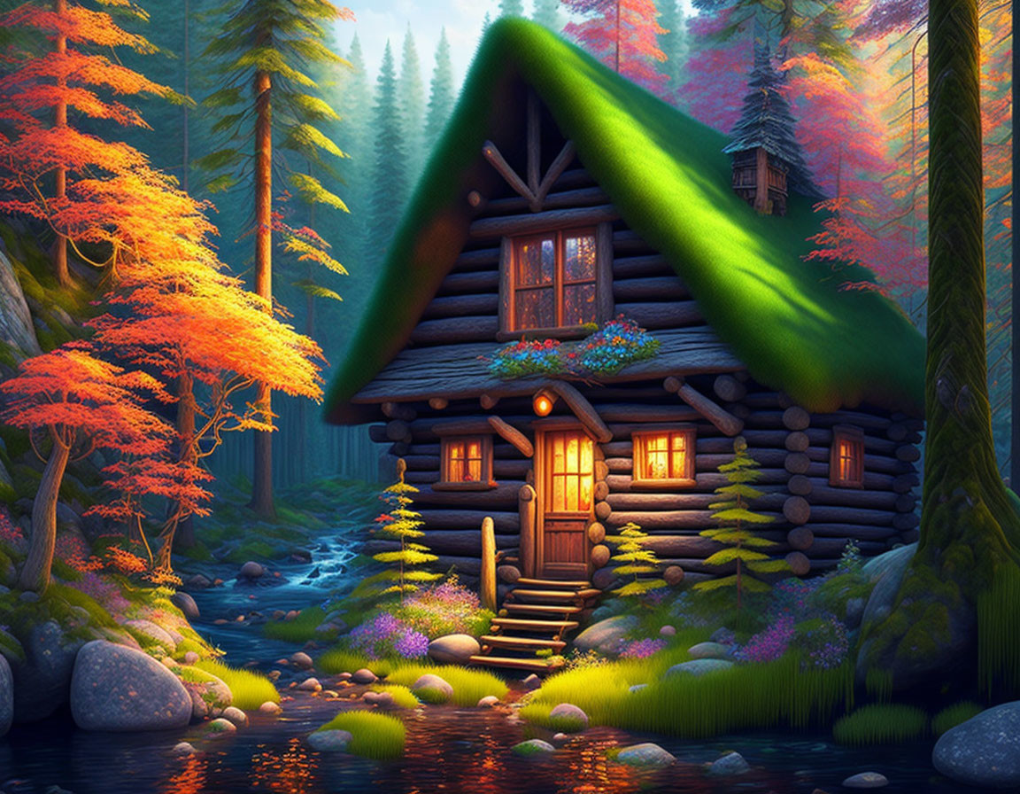 Cozy log cabin in vibrant autumn forest by gentle stream