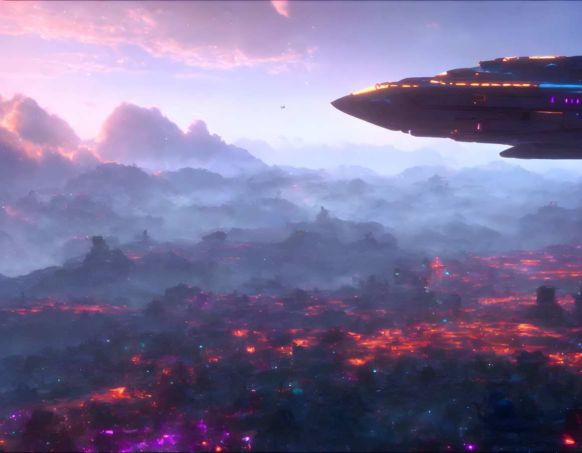 Alien landscape with spaceship, glowing lava flows, purple hues, and twilight sky