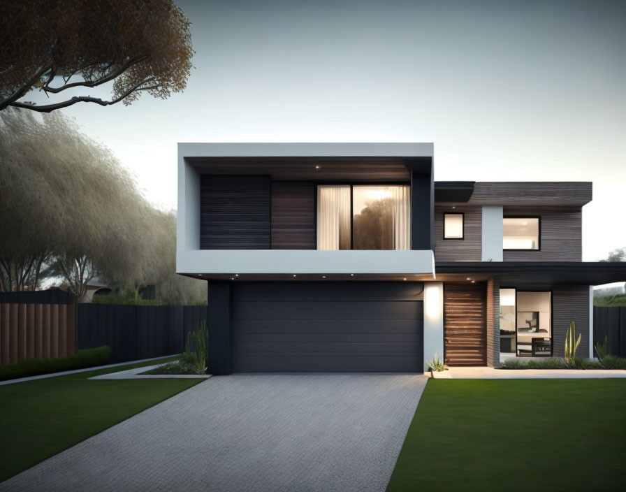 Contemporary two-story house with flat roof, dark wood siding, large windows, and integrated garage in