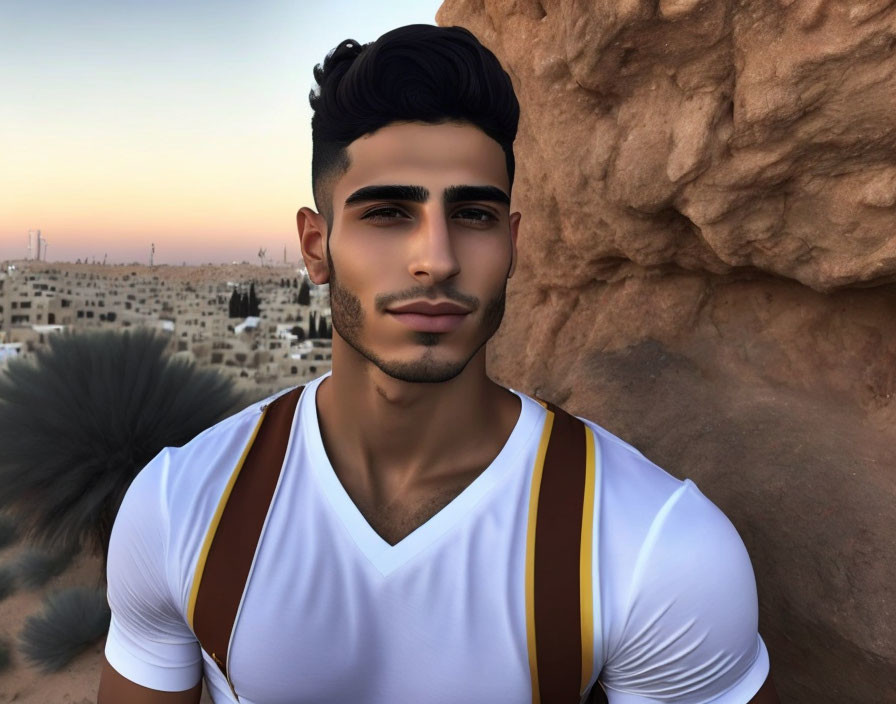 Man with stylish haircut and beard in white V-neck shirt against cityscape at dusk