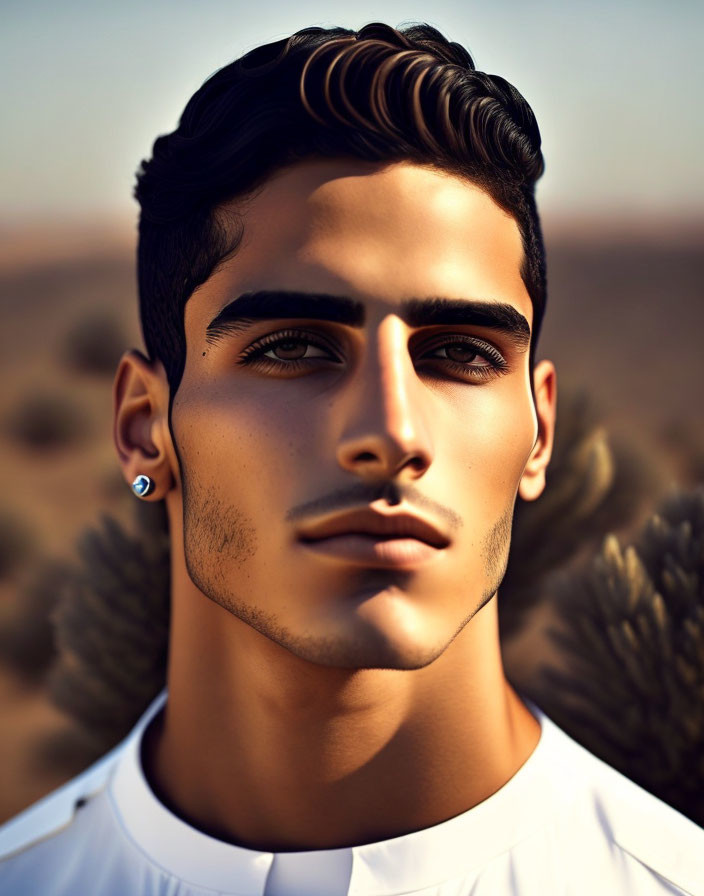 Detailed illustration: man with dark hair, beard, earring, in desert setting