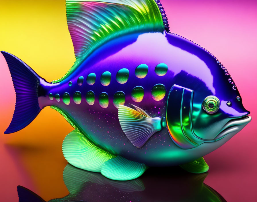 Colorful Fish Illustration with Iridescent Scales on Neon Gradient Background