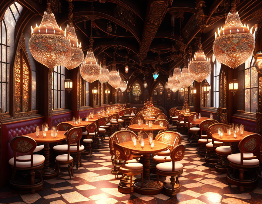 Sophisticated dining hall with chandeliers, stained glass windows, round tables, red booth seating