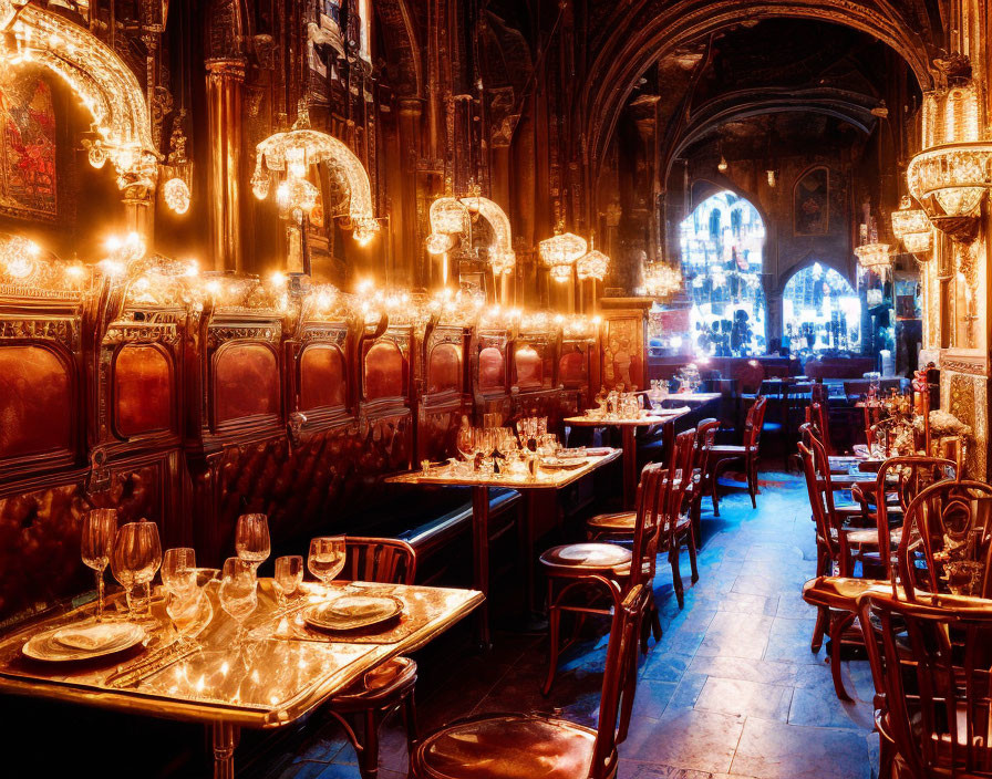 Ornate Gothic Dining Room with Warm Lighting and Set Tables