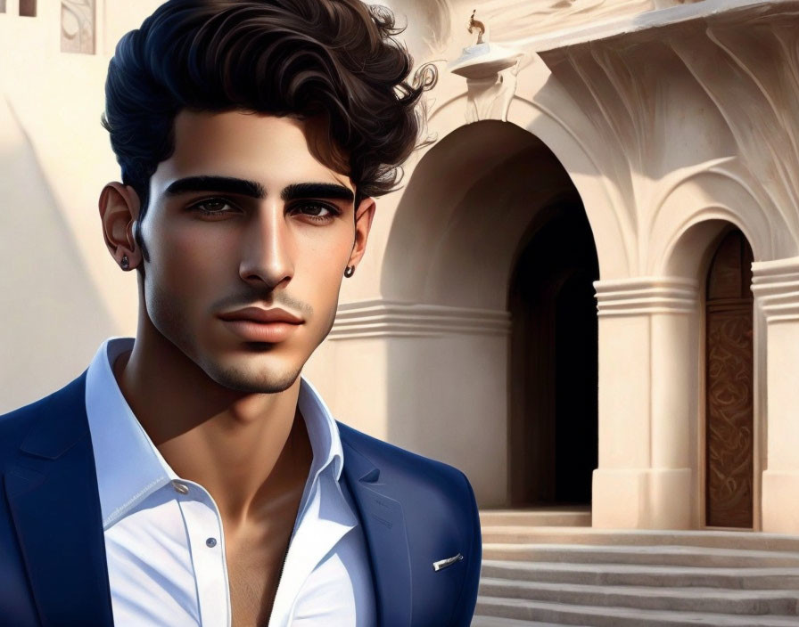 Stylish young man with curly hair and earrings in blue blazer by elegant archway