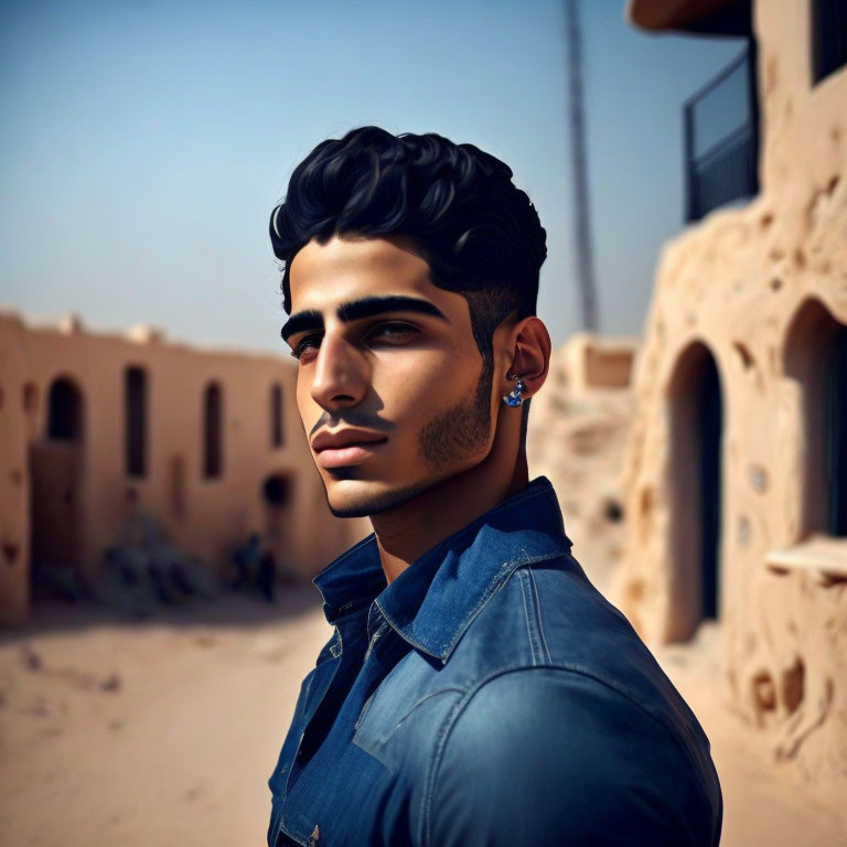 Styled hair man in denim shirt poses confidently with old building in background