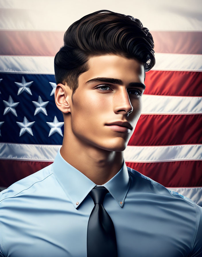 Young man with stylish hair in blue shirt and black tie in front of American flag