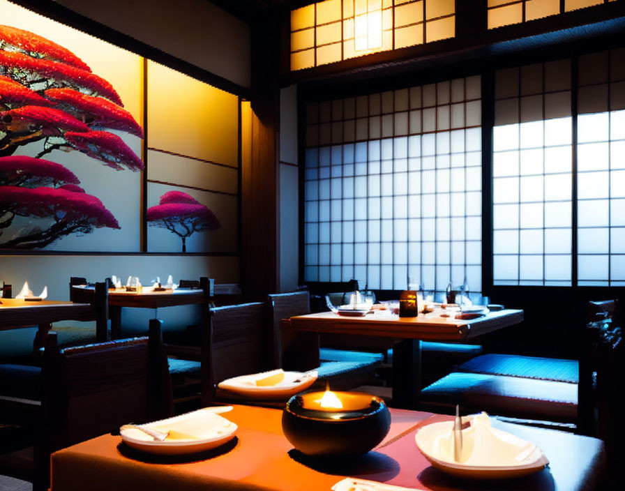 Traditional Japanese dining room with shoji screens and warm lighting