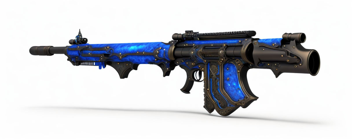 Detailed Illustration of Ornate Blue and Gold Rifle