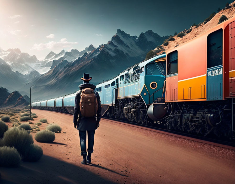 Traveler with backpack near colorful train and mountains under dramatic sky