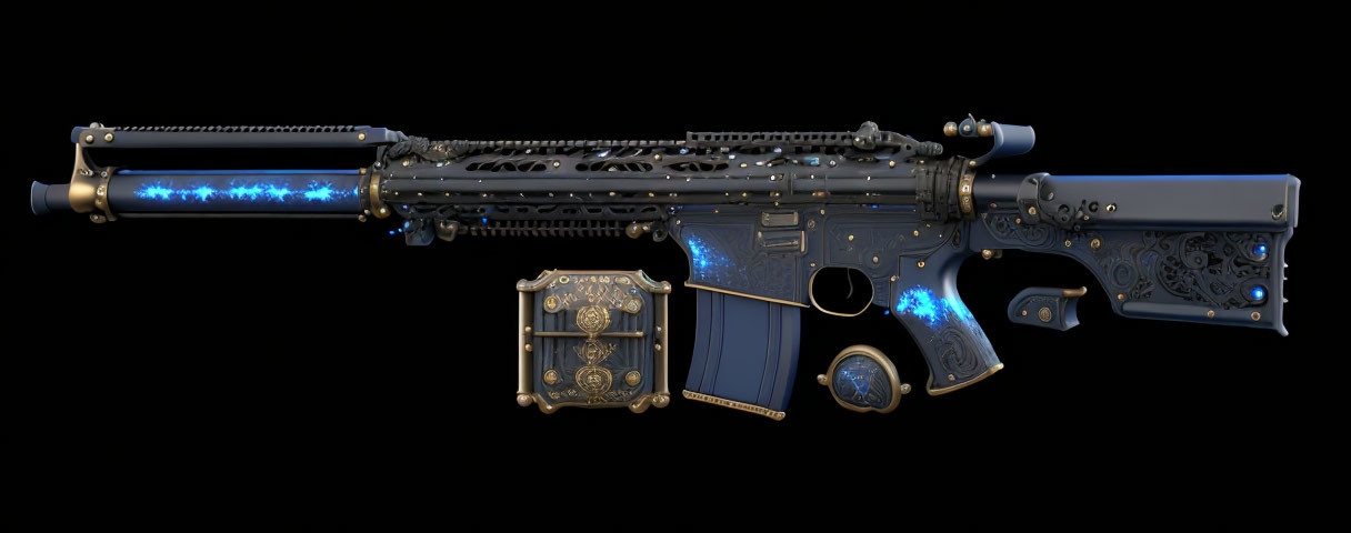 Ornate futuristic rifle with blue glowing patterns and matching handgun