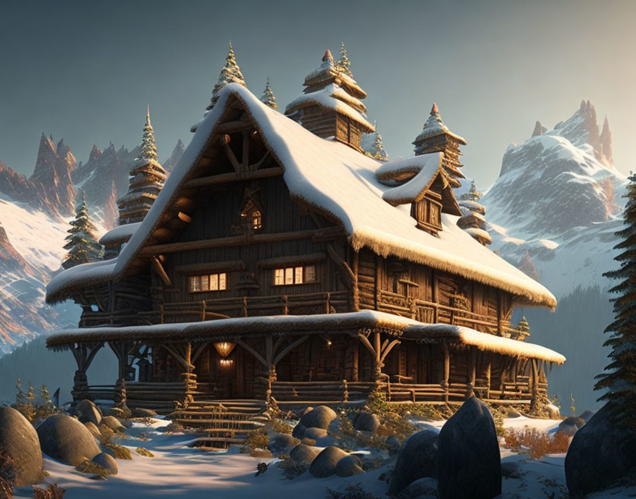 Snowy wooden cabin in mountain landscape at dusk