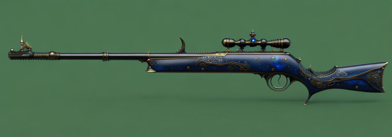 Elaborate Fantasy Rifle with Scope and Curved Blade on Green Background