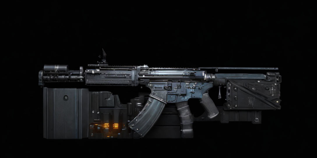 Detailed disassembled assault rifle on black background