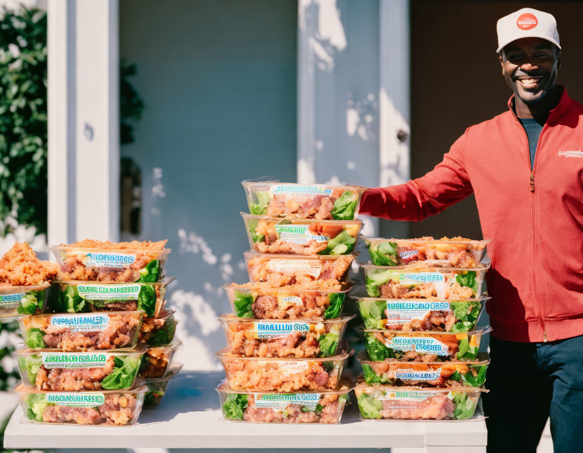 Cheerful delivery person with stacked takeout containers in red outfit