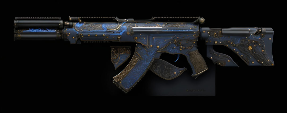 Detailed Blue and Gold Ornate Assault Rifle with Custom Engravings