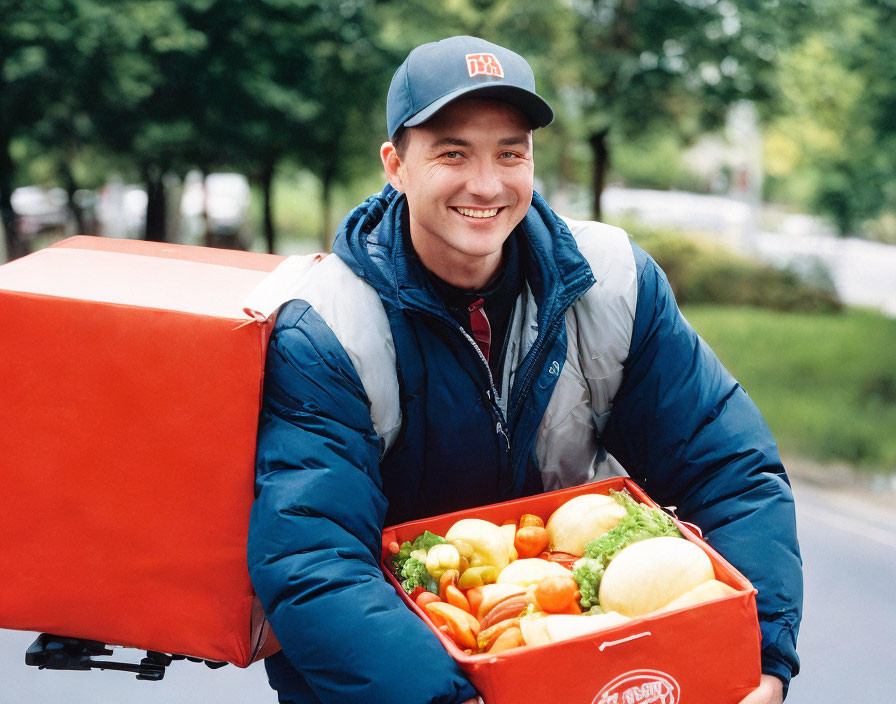 Smiling delivery person with open red box of fresh produce